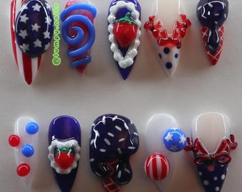 Fourth of July Press On Nails: United States of America Murica USA Patriotic Flag Star Spangled Banner Stripes Ice Cream Strawberries Bows