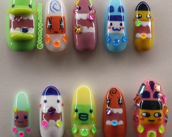 Tamagotchi Tooth Gems Press on Nails | Mametchi Kuchipatchi Memetchi Mimitchi Handmade Cute Kawaii Japanese Retro Toys 2000s Nostalgia