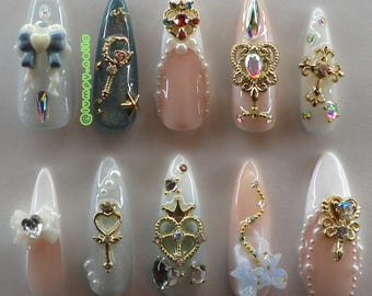 Sailor Moon Princess Serenity White Bling Anime Press On Nails - 3D Charms Bowtie Coquette 90s Childhood Nostalgia Cat Eye Glitter Cosplay