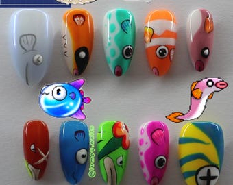 Maplestory Fish Press on Nails: Colorful Gamer Clownfish Pufferfish Tuna Goby Handmade Cute Kawaii Toys 2000s Childhood Nostalgia