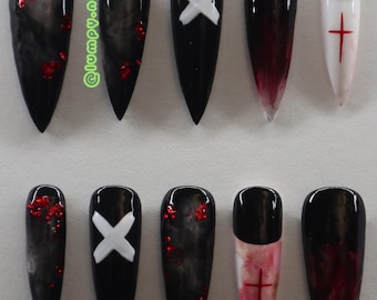 Bloody Cross Goth Press On Nails - Witchy Spooky Halloween Blood Stains Smoky Satanic Fiery Flames Black Red White Stiletto