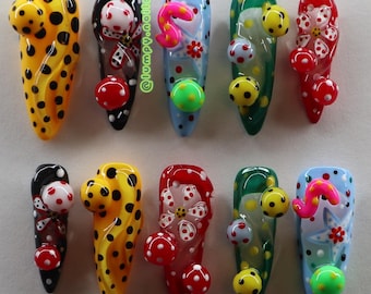 Yayoi Kusama Inspired Press On Nails: Colorful Trippy 3D Polka Dot Psychedelic Mushroom Ladybugs Nature Flowers Bugs Weird