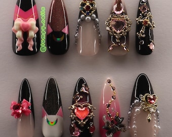 Sailor Moon Bling Anime Press On Nails - 3D Charms Bowtie Coquette Luna Artemis Crescent 90s Childhood Nostalgia Cat Eye Glitter Cosplay