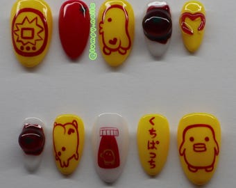 Kuchipatchi Tamagotchi Omurice Press on Nails | Luxury Handmade with 3D Tomatoes Ketchup Food Bento Heart Japanese Cute Kawaii Toys