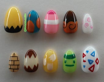 Pokemon Eggs Press on Nails | Handpainted Psyduck Togeipi Pichu Mudkip Eevee 2000s Gamer Retro Nostalgic Pocket Monsters Cute Kawaii Pokopia