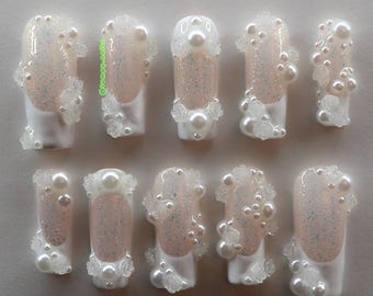 White Pearl Rose Bridal Lolita Core Press On Nails - Girly Glittery Luxurious Wedding Bougie Cosplay Floral