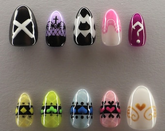 Shugo Chara Guardian Eggs Press on Nails | Colorful Anime Girl Amu Utau Ikuto Cat Neko Luxury Handmade Heart Plaid Cute Kawaii Cosplay