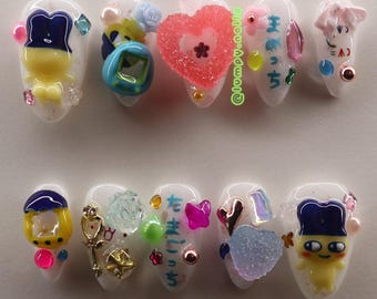Mametchi Tamagotchi Sakura Junk Press on Nails | Luxury Handmade 3D Cute Kawaii Japanese Toys 2000s Nostalgia Candy Bows Random Charms Duck