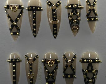 Spiky Studded Bondage BDSM Handmade Press On Nails - Custom Long Stiletto Sexy Alt Goth Nude Kinky Roleplay Love Valentines