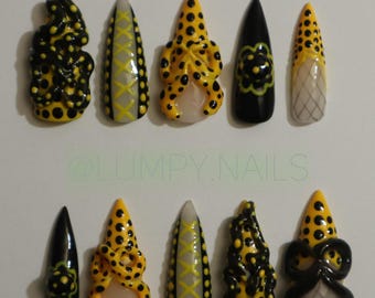 Black Yellow Trippy Polka Dot Press On Nails: 3D Handmade Bows Lace Coquette Yayoi Kusama Pumpkins