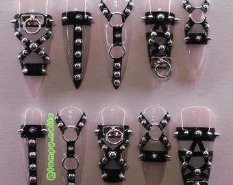Spiky Studded Bondage BDSM Pink Silver Handmade Press On Nails - Custom Long Stiletto Sexy Alt Goth Nude Kinky Roleplay Love Valentines