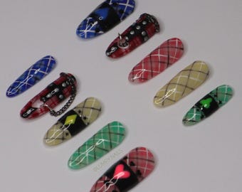 Shugo Chara Amu Eggs Press on Nails | Colorful Anime Girl Luxury Handmade with 3D Heart Cutout Chains Plaid Cute Kawaii Cosplay Flirty