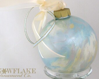 WARM BABY BLUES Ornament – PersonalizedUpscale Custom Glass in soft, pearl blues with a touch of pale frosted gold and warm white.