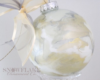 PEWTER & GOLDS Ornament – PERSONALIZED Upscale Custom Glass in pewter and golds with white accents.