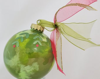 GREENS with BERRIES Ornament – PERSONALIZED Upscale Custom Glass in multiple shades of green with abstract greens and berries.