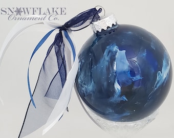 WINTER SKY Ornament - PERSONALIZED Upscale Custom Glass in deep, medium and frosted pastel blues with white accents.