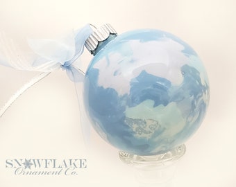 BABY BLUES Ornament – PERSONALIZED Upscale Custom Glass in soft, pearl blues with a touch of pale silver frost.