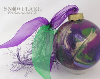 MARDI GRAS Ornament - PERSONALIZED Upscale Custom Glass in metallic and gloss purples, greens, and titanium gold