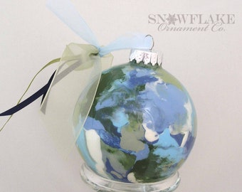 PEACE on EARTH Ornament - PERSONALIZED Upscale Custom Glass in earth's natural colors - blues, greens and neutrals.