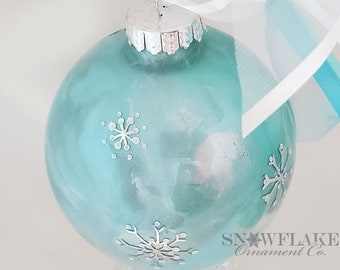FROSTY WINTERGREEN Ornament – PERSONALIZED Upscale Custom Glass in wintergreen, silver & white with reflective snowflakes.