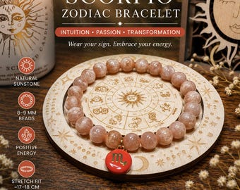 Scorpio Zodiac Bracelet | Natural Sunstone Bracelet | Zodiac Jewelry Gift | Crystal Energy Bracelet | Handmade Stretch Bracelet