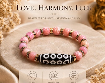 Personalized Birth Date Talisman, 21-Eyed Dzi Rhodonite Bracelet, Feng Shui Love Harmony Luck