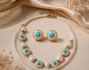 Pearl & Turquoise Necklace Set with Stud Earrings, Baroque Pearl Jewelry, Vintage Style Necklace, Elegant Gift for Her
