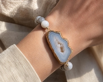 Natural Agate Druzy Bracelet • Lava Stone Bracelet • 8mm & 10mm Beaded Crystal Bracelet • Healing Energy Jewelry • Gift for Her
