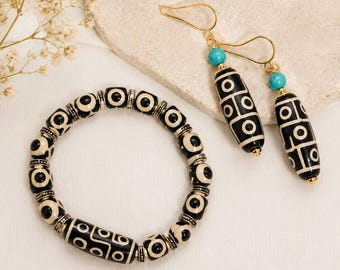 Black and White Dzi Bracelet and Earrings Set, Tibetan Agate Jewelry, Spiritual Protection Jewelry, Boho Gift for Her