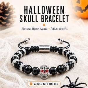 May include: A black agate bead bracelet featuring a silver-toned skull charm with red eyes, silver spacers, and an adjustable cord closure. The text HALLOWEEN SKULL BRACELET, Natural Black Agate, Adjustable Fit, and A BOLD GIFT FOR HIM is visible.