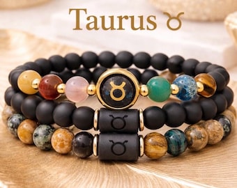 Taurus Personalized Zodiac Bracelet Set, Black Onyx Natural Stone Trio