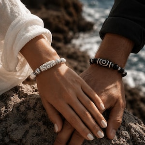 Couple Bracelet Set His and Hers | Tibetan Dzi Agate & Howlite Beads | Healing Stone Bundle | Anniversary Gift for Him Her