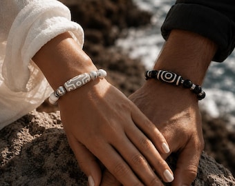 Couple Bracelet Set His and Hers | Tibetan Dzi Agate & Howlite Beads | Healing Stone Bundle | Anniversary Gift for Him Her