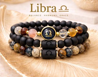 Personalized Libra Zodiac Bracelet Set, Black Onyx Natural Stone Trio