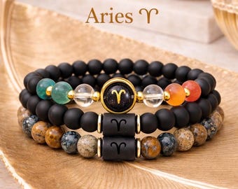 Personalized Aries Zodiac Bracelet Set, Black Onyx Natural Stone Trio
