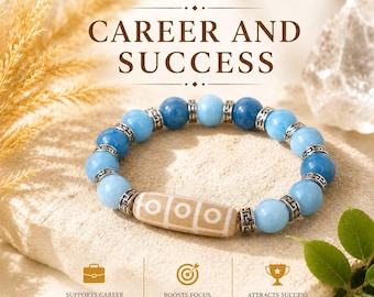 Career Success Crystal Bracelet | Aquamarine & Blue Aventurine Dzi | Confidence Focus Protection | Gift for Her Him | Spiritual Jewelry