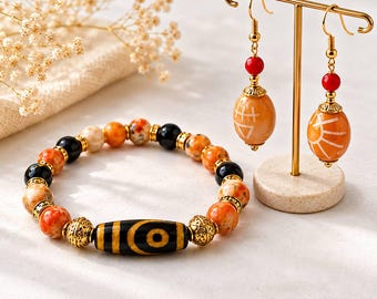 Orange Agate Bracelet and Earrings Set • Spiritual Crystal Jewelry • Protection Bracelet • Natural Stone Jewelry Gift for Her