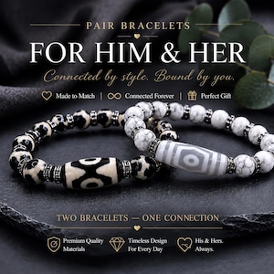 May include: Two matching bracelets with black and white beads and silver accents. One bracelet features a central black and white patterned bead. The other bracelet has a white and gray patterned bead. The text reads "FOR HIM & HER".