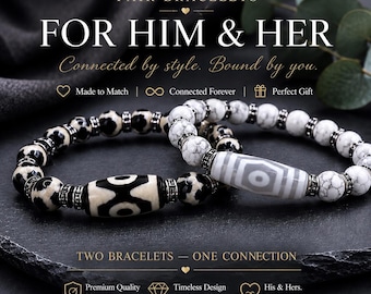 Couple Bracelet Set His and Hers | Tibetan Dzi Agate & Howlite Beads | Healing Stone Bundle | Anniversary Gift for Him Her