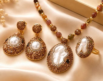 Vintage Pearl Jewelry Set, Baroque Pearl Necklace Earrings Ring Set, Natural Stone Jewelry, Gold Statement Jewelry, Elegant Gift for Women