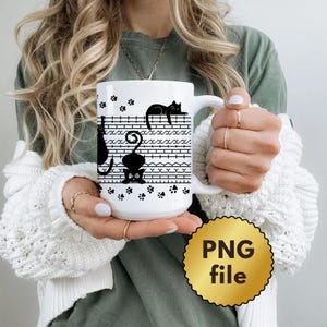 May include: White ceramic mug featuring black cat silhouettes and paw prints. The mug has a decorative border with a brick pattern and a fence design. The mug is a PNG file.