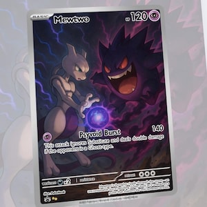 May include: A Pokémon trading card featuring Mewtwo and Gengar. The card has a purple and white Mewtwo facing a purple Gengar with a menacing grin. The card text includes "Psyvoid Burst" and "140". The background has purple lightning.