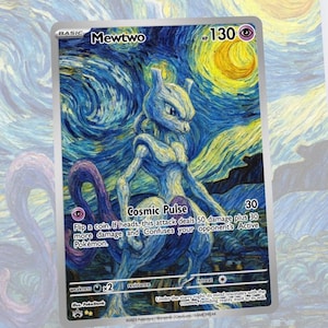 May include: A Pok&eacute;mon trading card featuring Mewtwo, set against a starry night background reminiscent of Van Gogh's style. The card displays the text "Mewtwo" and "Cosmic Pulse", with a HP of 130. The artwork blends the character with the iconic art style.