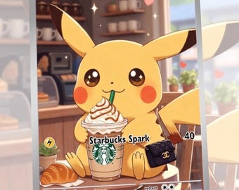 May include: A Pokémon trading card featuring Pikachu enjoying a Starbucks Spark drink. The card has a yellow and white border, with the text "Pikachu" and "HP 60". A small black purse hangs from Pikachu's arm.