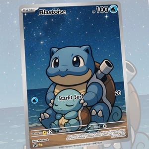 May include: A Pokémon trading card featuring Blastoise and Squirtle. The card has a blue and brown color scheme with the text "Starlit Surf." The background depicts a starry night sky over the ocean. The card also includes the text "BASIC" and "100 HP."
