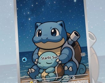 May include: A Pokémon trading card featuring Blastoise and Squirtle. The card has a blue and brown color scheme with the text "Starlit Surf." The background depicts a starry night sky over the ocean. The card also includes the text "BASIC" and "100 HP."