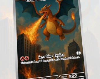 May include: Charizard Pokémon trading card featuring an orange dragon breathing fire over a city skyline. The card has the text "Scorching Skyline" and "This attack does 30 damage to each Benched Pokémon."