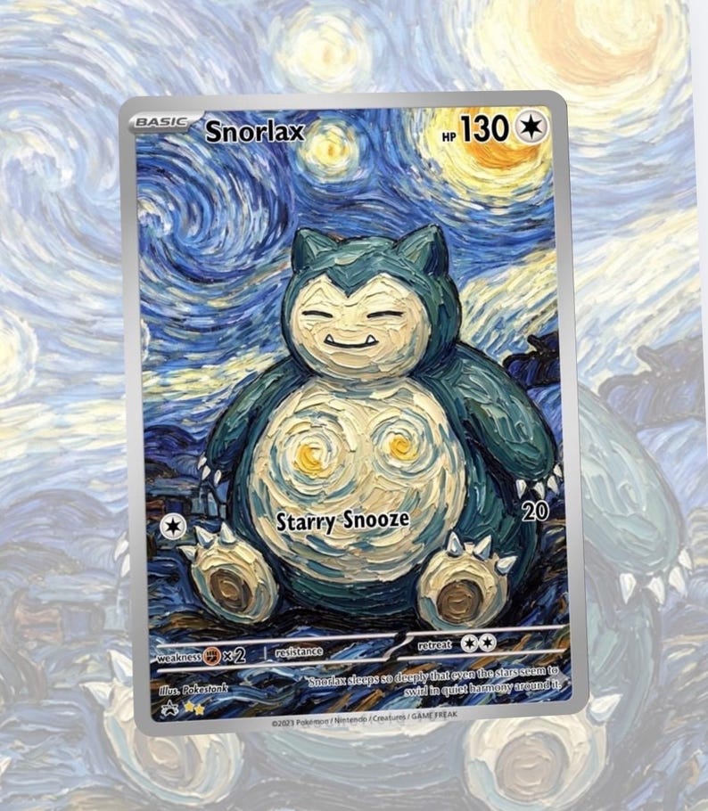 May include: A Snorlax Pok&eacute;mon trading card with a unique design. The card features a blue and cream-colored Snorlax character in a starry night art style. The card has the text "Starry Snooze" and "Snorlax".