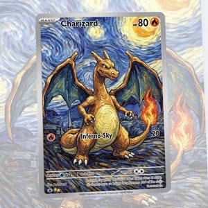 May include: A Charizard Pok&eacute;mon card with a starry night background. The card features an orange and tan dragon with blue wings and a fiery tail. The text "Charizard" and "Inferno Sky" are visible.