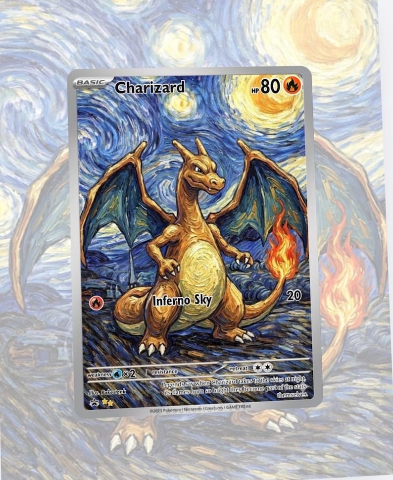 May include: A Charizard Pok&eacute;mon card with a starry night background. The card features an orange and tan dragon with blue wings and a fiery tail. The text "Charizard" and "Inferno Sky" are visible.